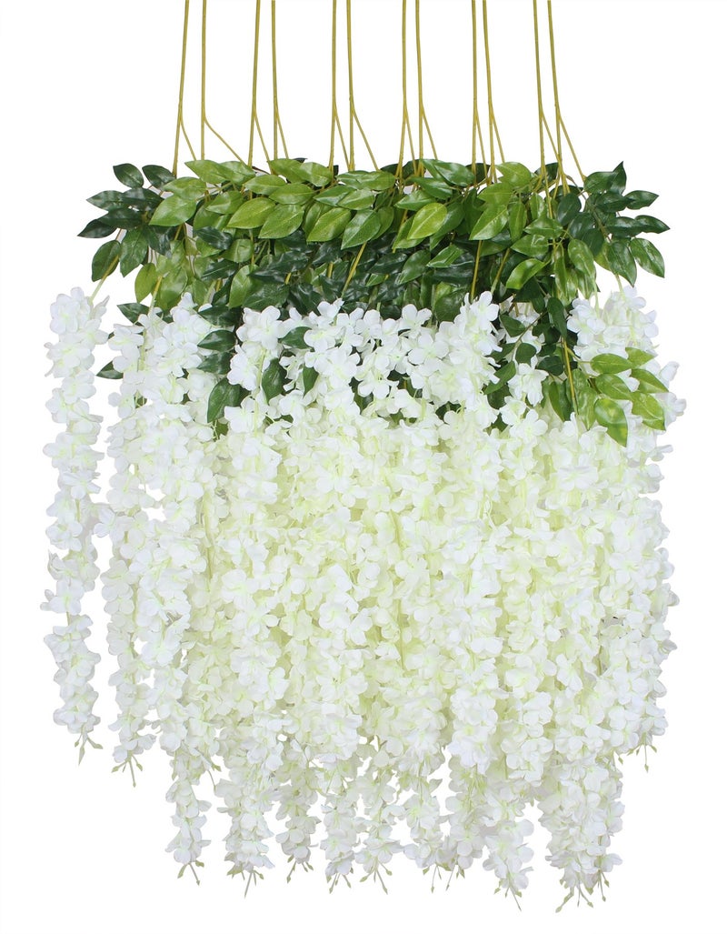 Duovlo 12 Piece Artificial Silk Wisteria Vine 3.6 Feet Ratta Hanging Flower Garland String Home Party Wedding Decor (White) - Image 1